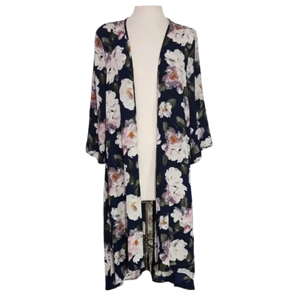 Umgee Kimono Large Flowers Lace Strip On Back Navy Multi Size S